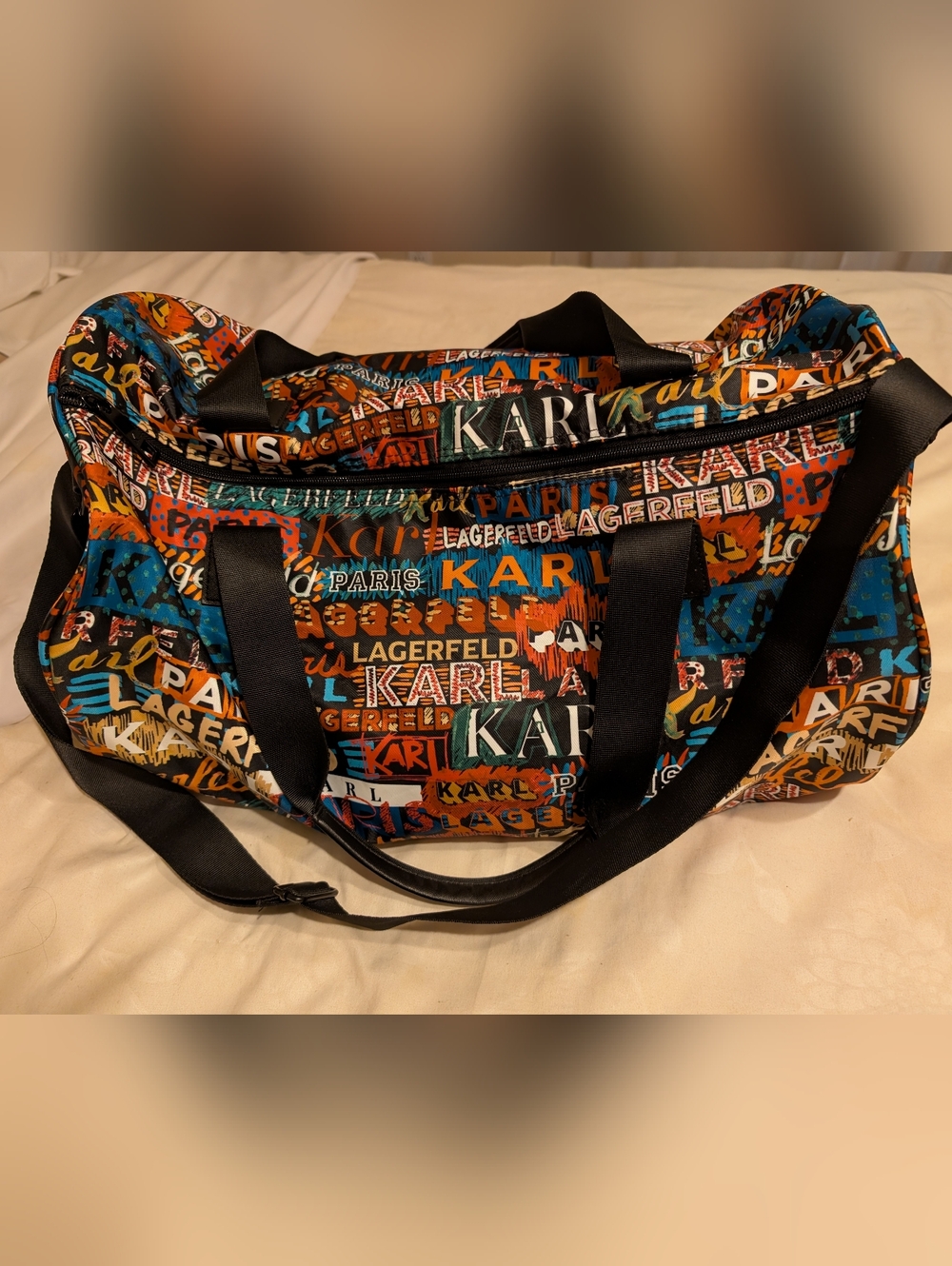 Karl Lagerfeld Paris Logo Explosion Nylon Duffel Weekender Carryon Gym Bag